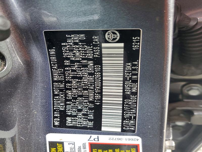 2013 Toyota Camry მანქანა იყიდება აუქციონზე, vin: 4T1BF1FK0DU266103, აუქციონის ნომერი: 54469956