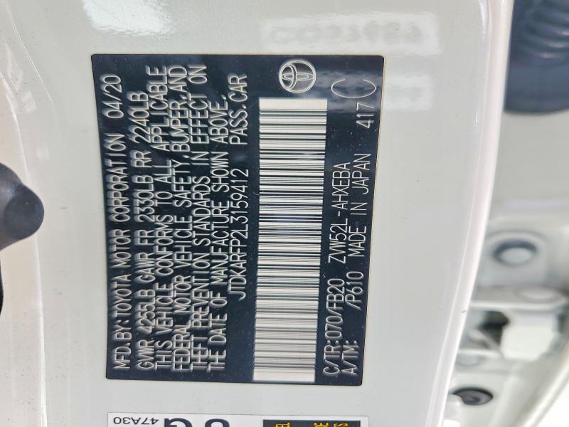 54905356 :رقم المزاد ، JTDKARFP2L3159412 vin ، 2020 Toyota Prius Prime مزاد بيع