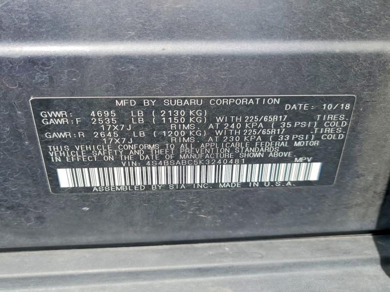 51940096 :رقم المزاد ، 4S4BSABC5K3240481 vin ، 2019 Subaru Outback مزاد بيع