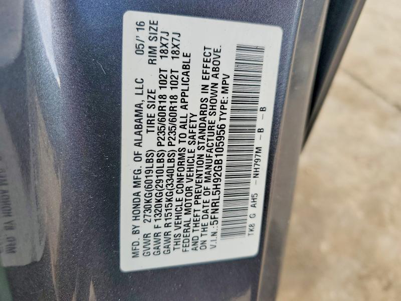 53618246 :رقم المزاد ، 5FNRL5H92GB105956 vin ، 2016 Honda Odyssey مزاد بيع