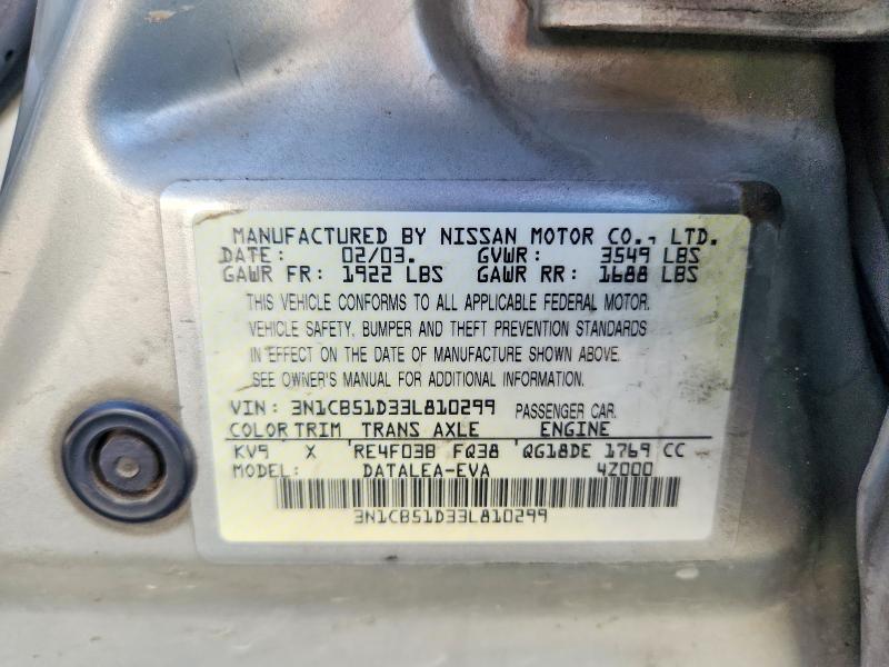Aukcja sprzedaży 2003 Nissan Sentra, vin: 3N1CB51D33L810299, numer aukcji: 53386846