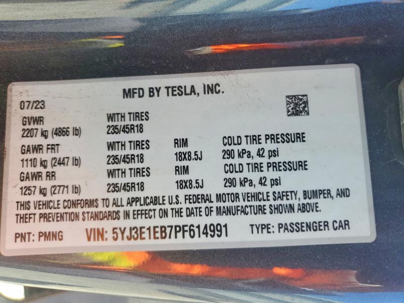 Aukcja sprzedaży 2023 Tesla Mdl 3, vin: 5YJ3E1EB7PF614991, numer aukcji: 54254036