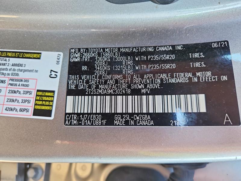 52841106 :رقم المزاد ، 2T2SZMDA9MC302418 vin ، 2021 Lexus Rx مزاد بيع