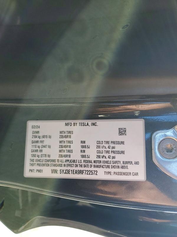 2024 Tesla Model 3 მანქანა იყიდება აუქციონზე, vin: 5YJ3E1EA9RF722572, აუქციონის ნომერი: 52455526