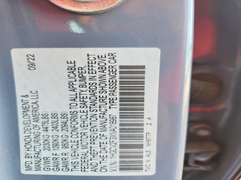 Aukcja sprzedaży 2022 Honda Accord, vin: 1HGCV2F3XNA018987, numer aukcji: 53457036