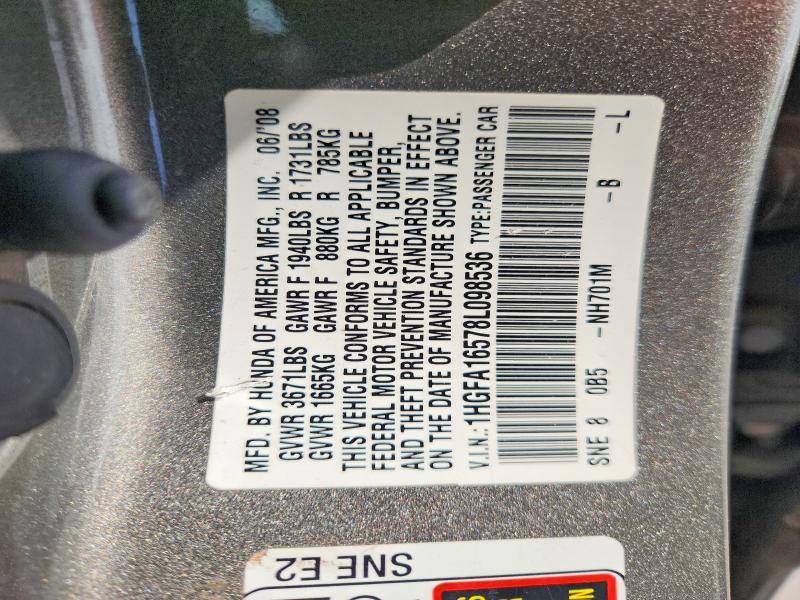 53578336 :رقم المزاد ، 1HGFA16578L098536 vin ، 2008 Honda Civic مزاد بيع