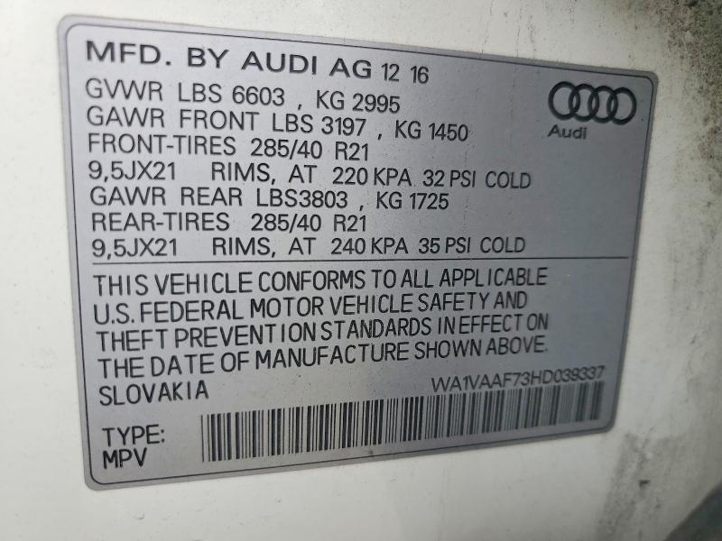 2017 Audi Q7 მანქანა იყიდება აუქციონზე, vin: WA1VAAF73HD039337, აუქციონის ნომერი: 53425636