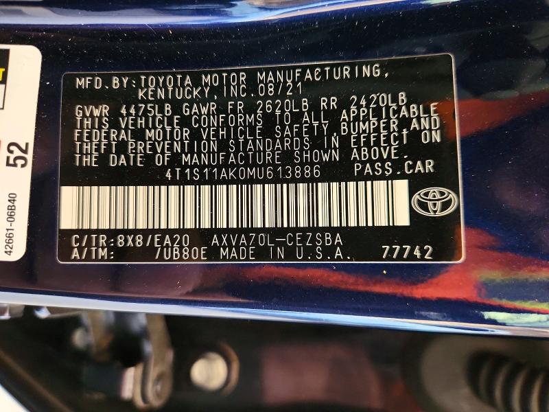 54651116 :رقم المزاد ، 4T1S11AK0MU613886 vin ، 2021 Toyota Camry مزاد بيع