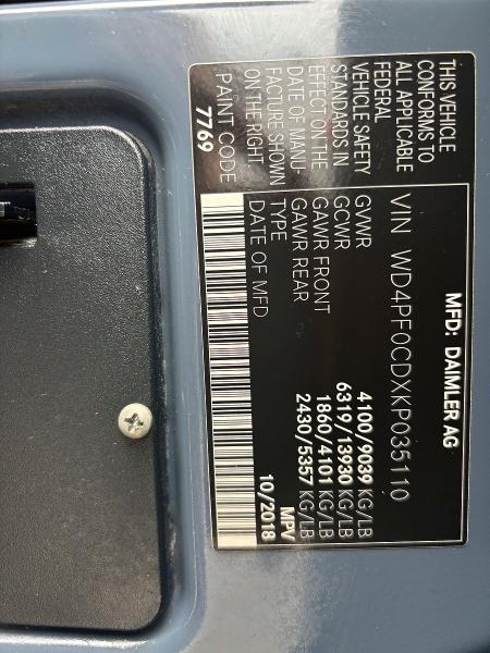 Aukcja sprzedaży 2019 Mercedes-benz Sprinter, vin: WD4PF0CDXKP035110, numer aukcji: 53273496