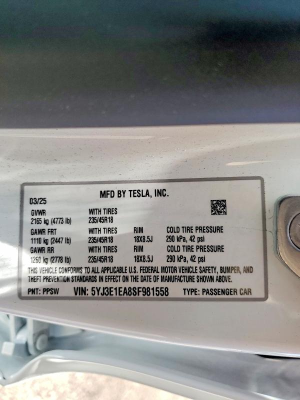 Продажа на аукционе авто 2025 Tesla Model 3, vin: 5YJ3E1EA8SF981558, номер лота: 52440216