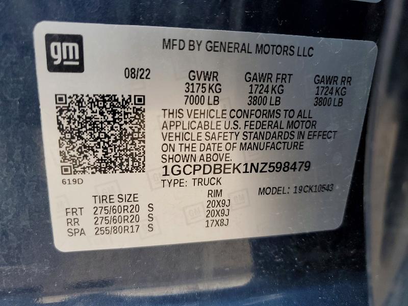 Aukcja sprzedaży 2022 Chevrolet Silverado, vin: 1GCPDBEK1NZ598479, numer aukcji: 52777456