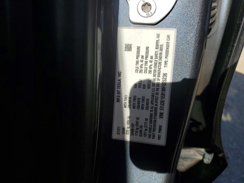 2021 Tesla Model 3 მანქანა იყიდება აუქციონზე, vin: 5YJ3E1EB1MF025236, აუქციონის ნომერი: 53450236