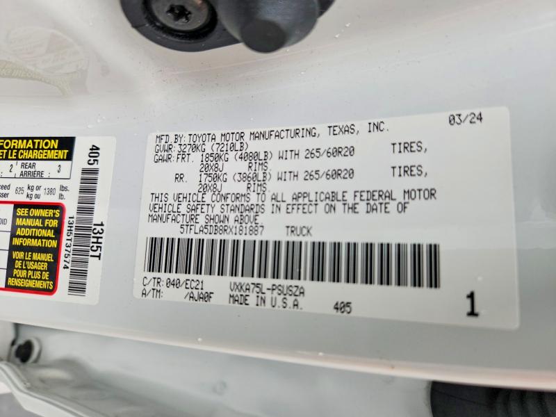 52155796 :رقم المزاد ، 5TFLA5DB8RX181887 vin ، 2024 Toyota Tundra مزاد بيع
