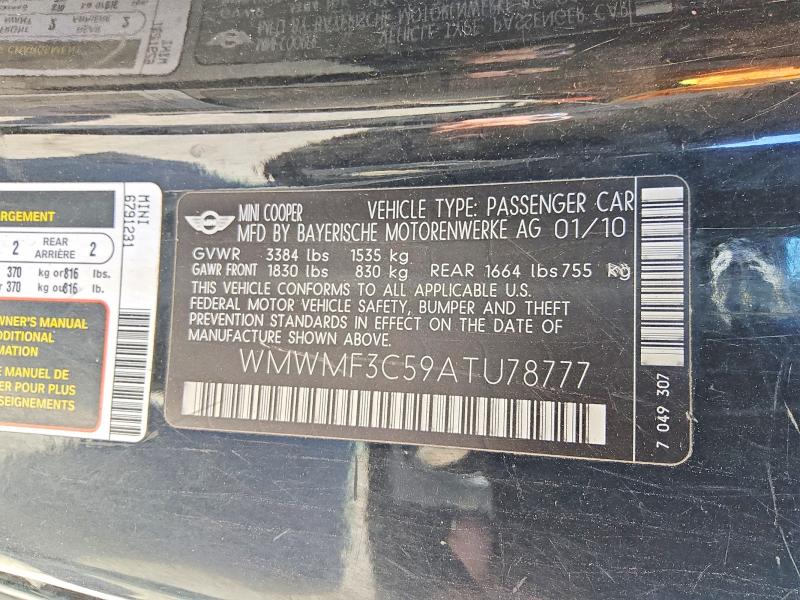 2010 Mini Cooper მანქანა იყიდება აუქციონზე, vin: WMWMF3C59ATU78777, აუქციონის ნომერი: 52150226