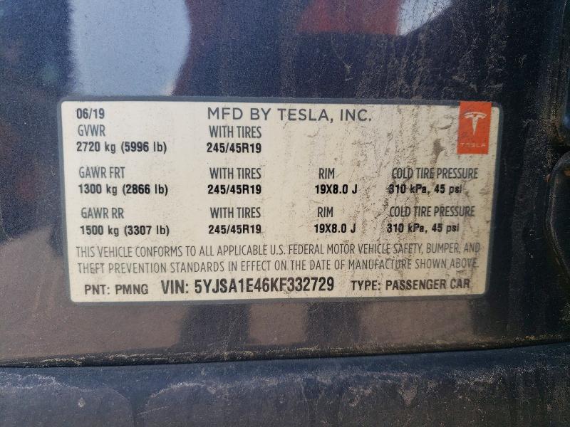53329946 :رقم المزاد ، 5YJSA1E46KF332729 vin ، 2019 Tesla Model S مزاد بيع