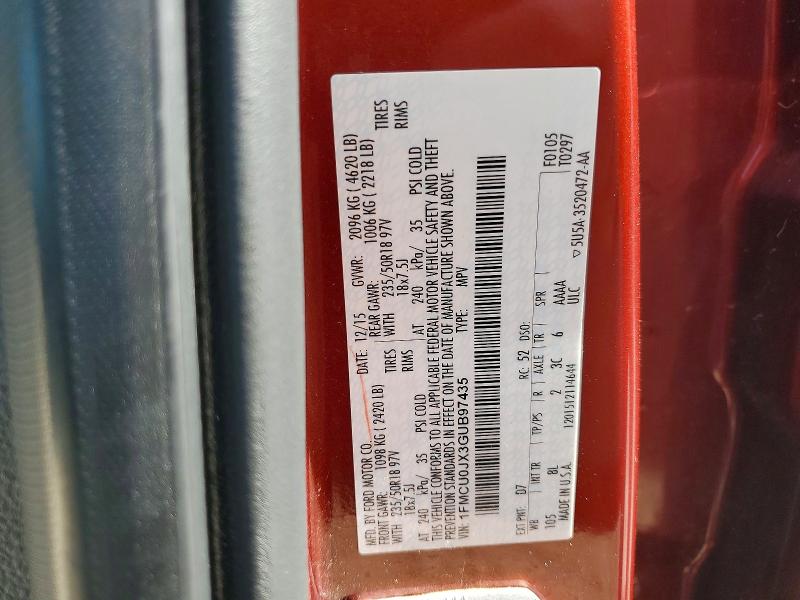 2016 Ford Escape მანქანა იყიდება აუქციონზე, vin: 1FMCU0JX3GUB97435, აუქციონის ნომერი: 55114226