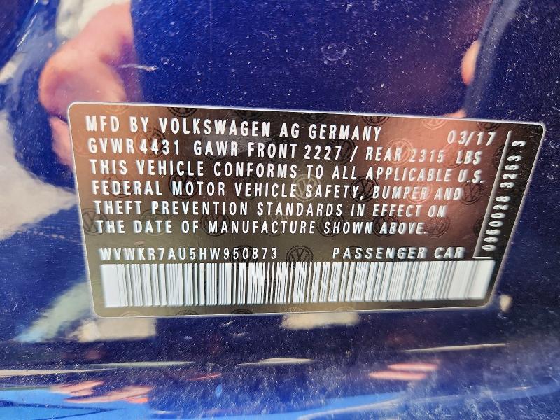 52091446 :رقم المزاد ، WVWKR7AU5HW950873 vin ، 2017 Volkswagen E-golf مزاد بيع