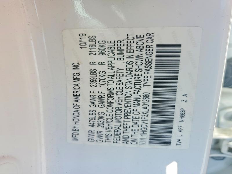 2020 Honda Accord მანქანა იყიდება აუქციონზე, vin: 1HGCV1F3XLA012680, აუქციონის ნომერი: 53170836