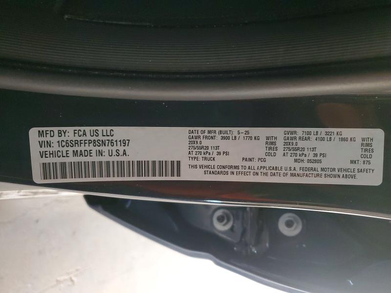 2025 Ram 1500 მანქანა იყიდება აუქციონზე, vin: 1C6SRFFP8SN761197, აუქციონის ნომერი: 55330316