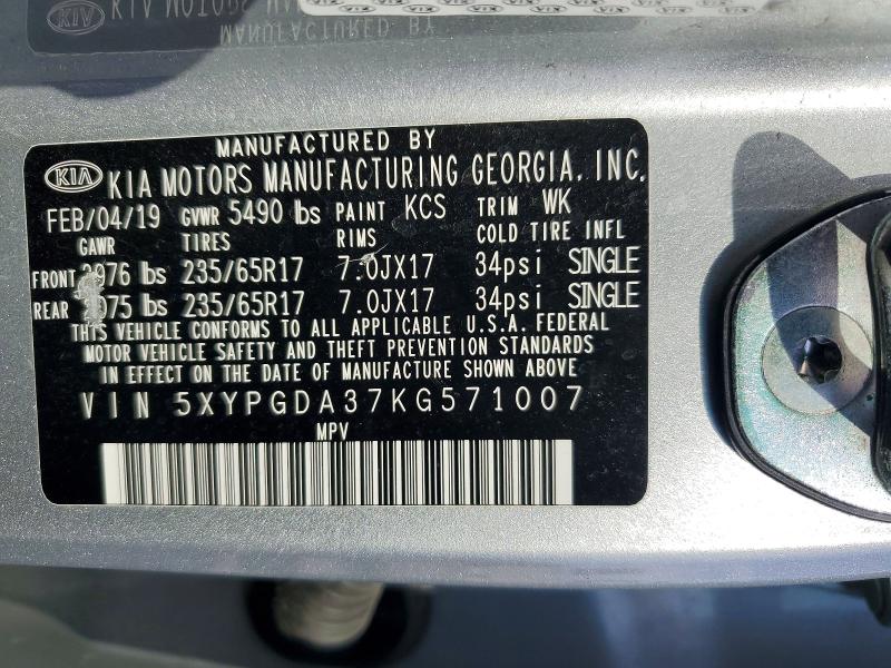53250476 :رقم المزاد ، 5XYPGDA37KG571007 vin ، 2019 Kia Sorento مزاد بيع