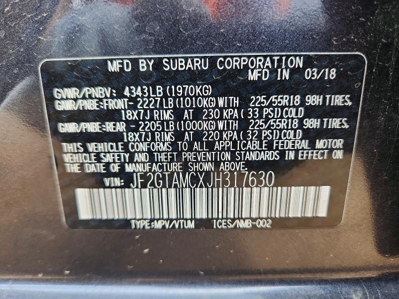 53219546 :رقم المزاد ، JF2GTAMCXJH317630 vin ، 2018 Subaru Crosstrek مزاد بيع