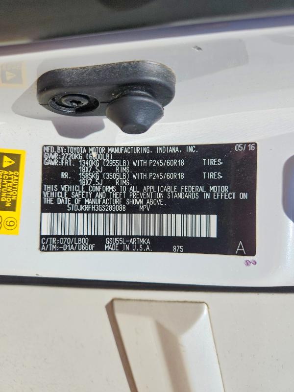 Aukcja sprzedaży 2016 Toyota Highlander, vin: 5TDJKRFH3GS289088, numer aukcji: 53445836