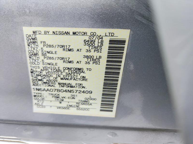 Aukcja sprzedaży 2004 Nissan Titan, vin: 1N6AA07B04N572409, numer aukcji: 51190396