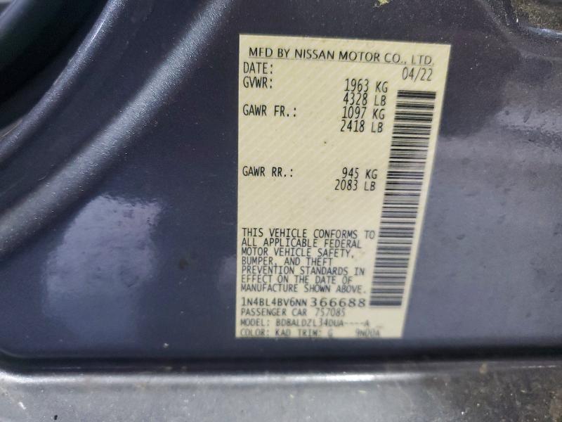2022 Nissan Altima მანქანა იყიდება აუქციონზე, vin: 1N4BL4BV6NN366688, აუქციონის ნომერი: 53642976