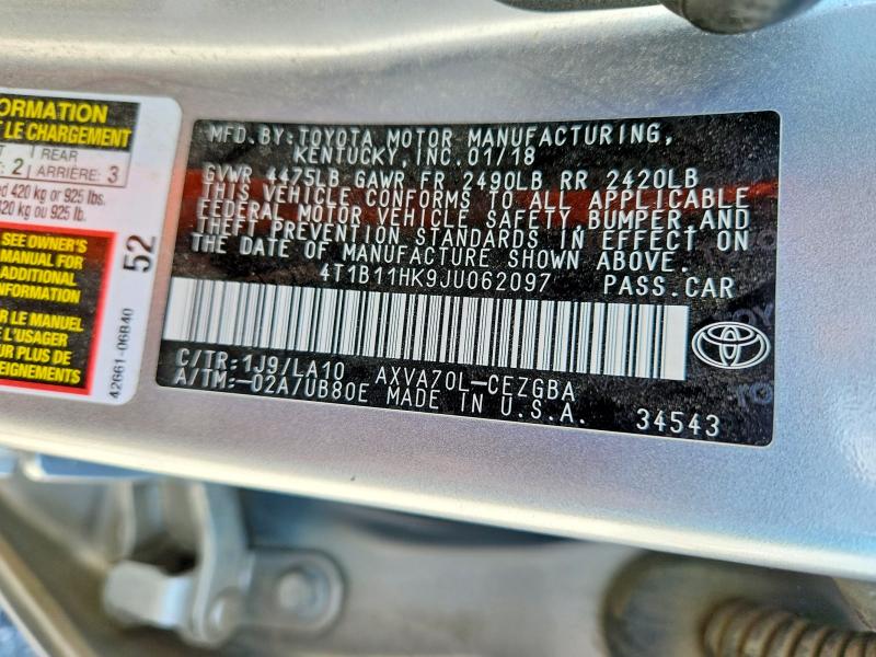 52297216 :رقم المزاد ، 4T1B11HK9JU062097 vin ، 2018 Toyota Camry مزاد بيع