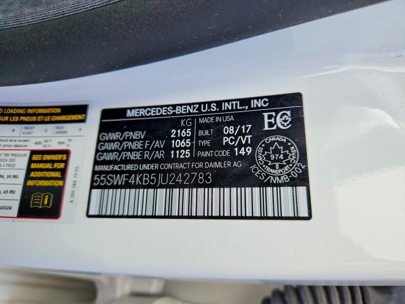 2018 Mercedes-benz C მანქანა იყიდება აუქციონზე, vin: 55SWF4KB5JU242783, აუქციონის ნომერი: 52172916
