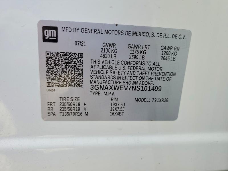 Aukcja sprzedaży 2022 Chevrolet Equinox, vin: 3GNAXWEV7NS101499, numer aukcji: 53980736