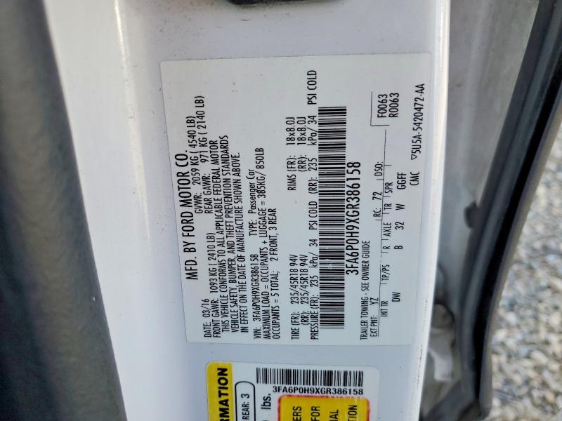 2016 Ford Fusion მანქანა იყიდება აუქციონზე, vin: 3FA6P0H9XGR386158, აუქციონის ნომერი: 51373266