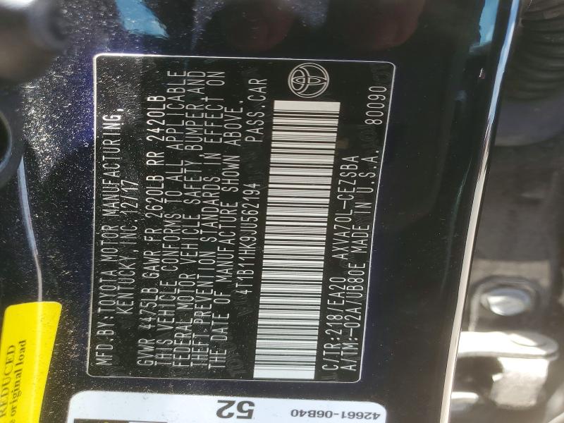 55333826 :رقم المزاد ، 4T1B11HK9JU562194 vin ، 2018 Toyota Camry مزاد بيع
