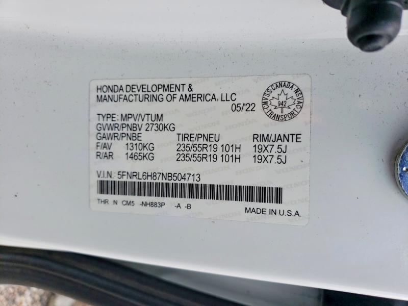 53741546 :رقم المزاد ، 5FNRL6H87NB504713 vin ، 2022 Honda Odyssey مزاد بيع