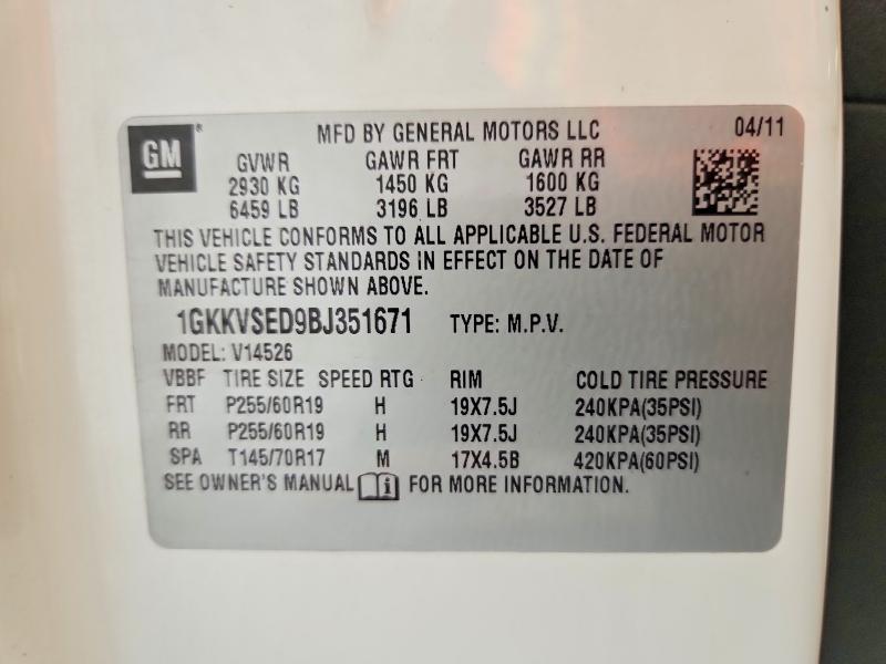 53647356 :رقم المزاد ، 1GKKVSED9BJ351671 vin ، 2011 Gmc Acadia مزاد بيع