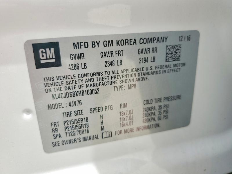 51999326 :رقم المزاد ، KL4CJDSBXHB100052 vin ، 2017 Buick Encore مزاد بيع