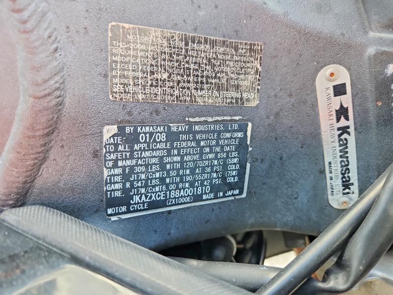 2008 Kawasaki Zx1000 მანქანა იყიდება აუქციონზე, vin: JKAZXCE188A001810, აუქციონის ნომერი: 54465966