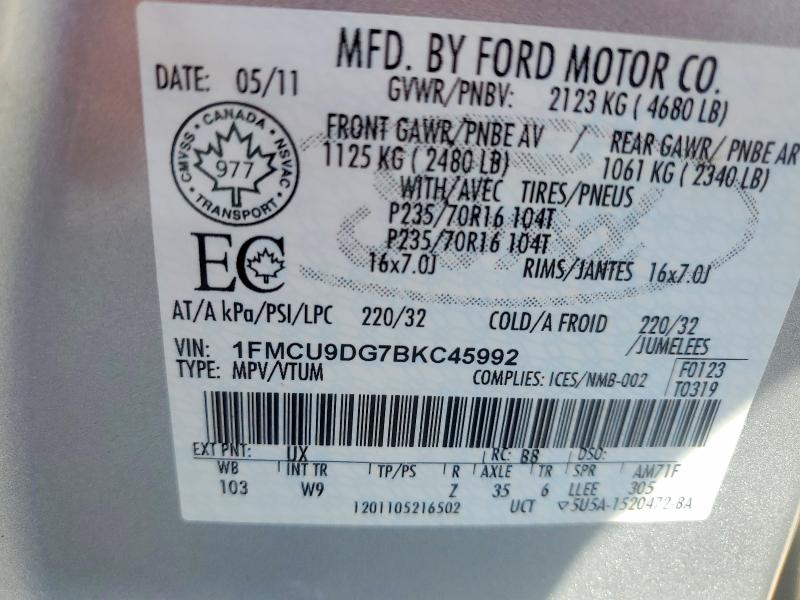 Aukcja sprzedaży 2011 Ford Escape, vin: 1FMCU9DG7BKC45992, numer aukcji: 54692056