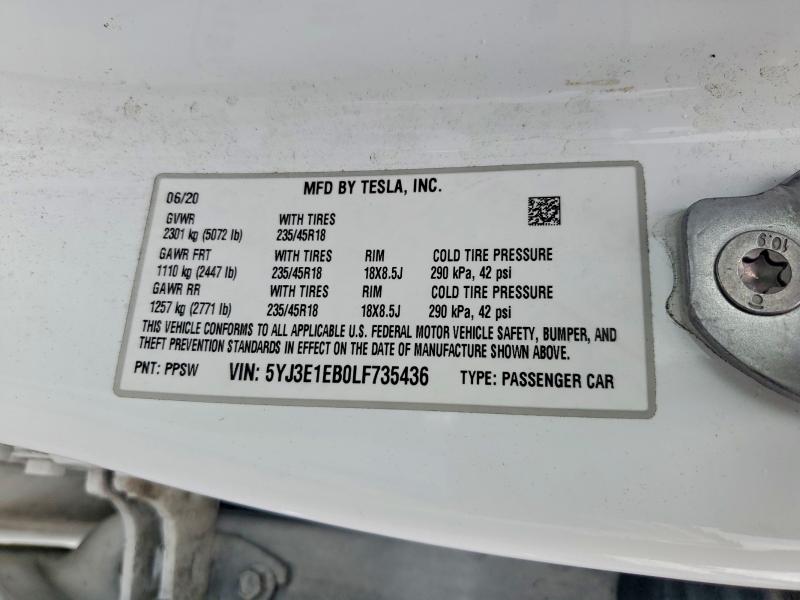 Продажа на аукционе авто 2020 Tesla Model 3, vin: 5YJ3E1EB0LF735436, номер лота: 54655906