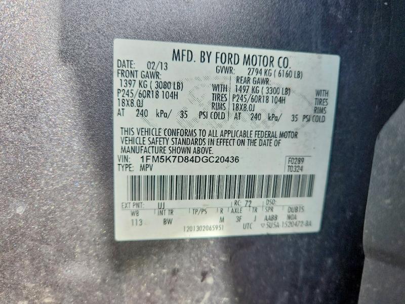 54714366 :رقم المزاد ، 1FM5K7D84DGC20436 vin ، 2013 Ford Explorer مزاد بيع