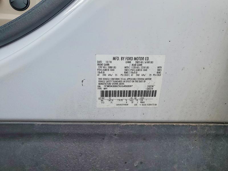 53818986 :رقم المزاد ، 1FM5K8B87KGA92697 vin ، 2019 Ford Explorer مزاد بيع