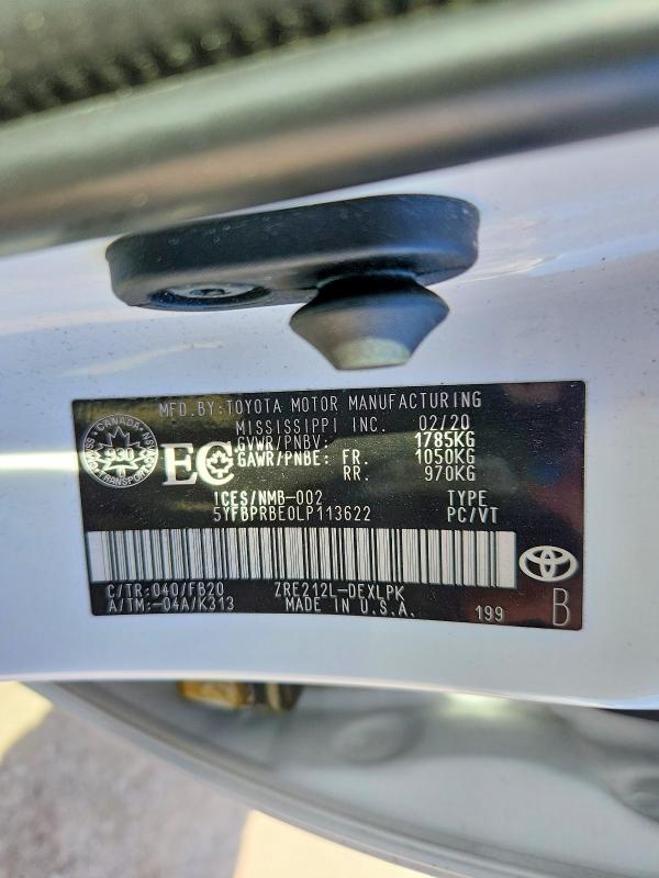 52074106 :رقم المزاد ، 5YFBPRBE0LP113622 vin ، 2020 Toyota Corolla مزاد بيع