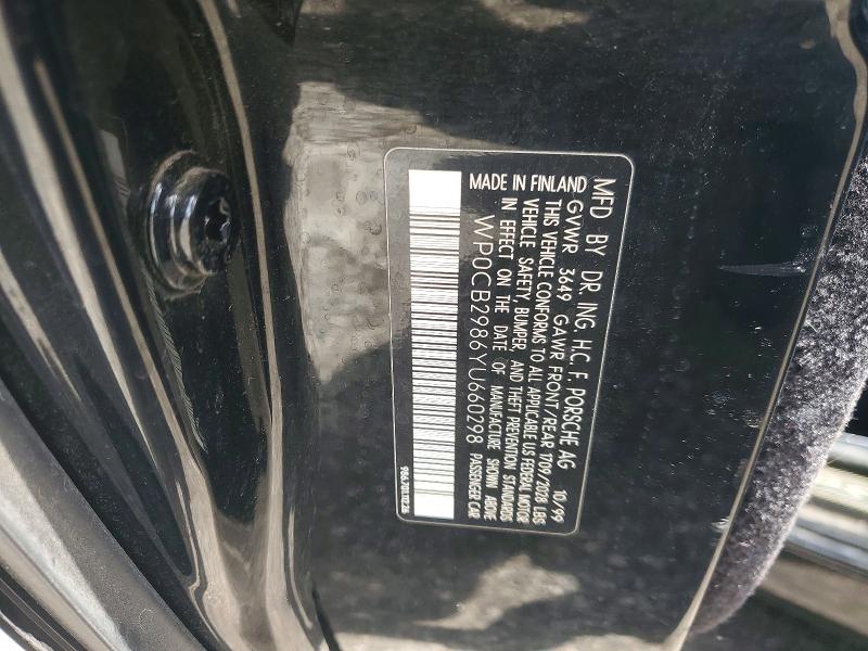 2000 Porsche Boxster მანქანა იყიდება აუქციონზე, vin: WP0CB2986YU660298, აუქციონის ნომერი: 54510156
