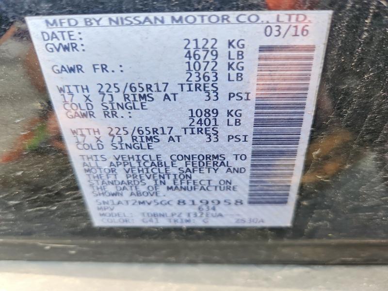 2016 Nissan Rogue მანქანა იყიდება აუქციონზე, vin: 5N1AT2MV5GC819958, აუქციონის ნომერი: 52538476