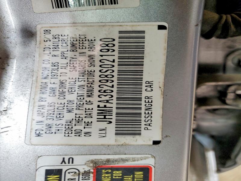 52609796 :رقم المزاد ، JHMFA36298S021980 vin ، 2008 Honda Civic مزاد بيع