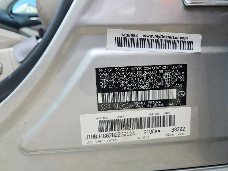 55056756 :رقم المزاد ، JTHBJ46G282256124 vin ، 2008 Lexus Es مزاد بيع