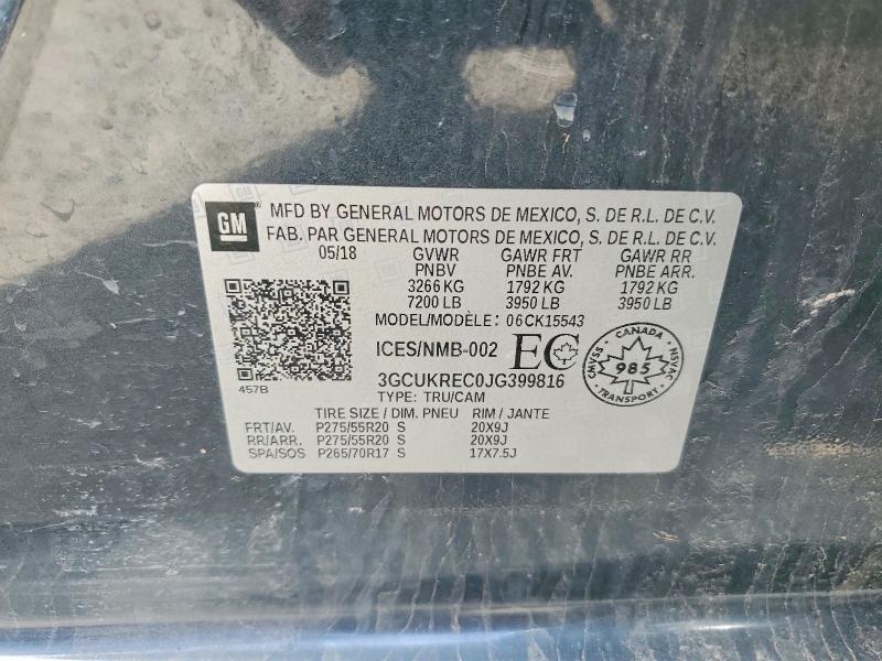 Aukcja sprzedaży 2018 Chevrolet Silverado, vin: 3GCUKREC0JG399816, numer aukcji: 50828186