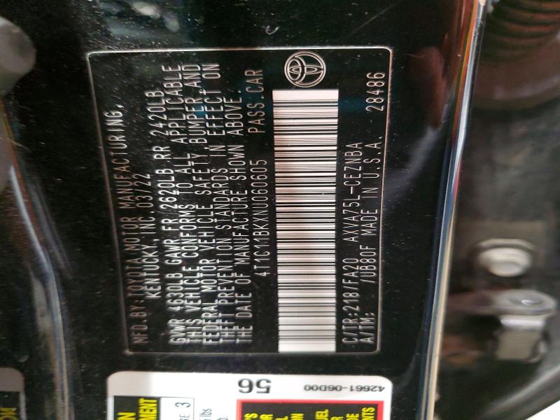 50165626 :رقم المزاد ، 4T1C11BKXNU060605 vin ، 2022 Toyota Camry مزاد بيع