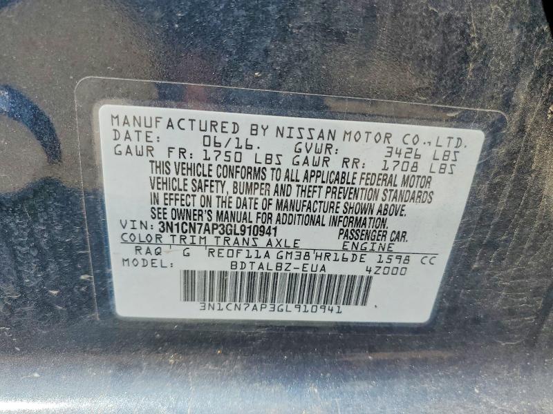 52951366 :رقم المزاد ، 3N1CN7AP3GL910941 vin ، 2016 Nissan Versa مزاد بيع