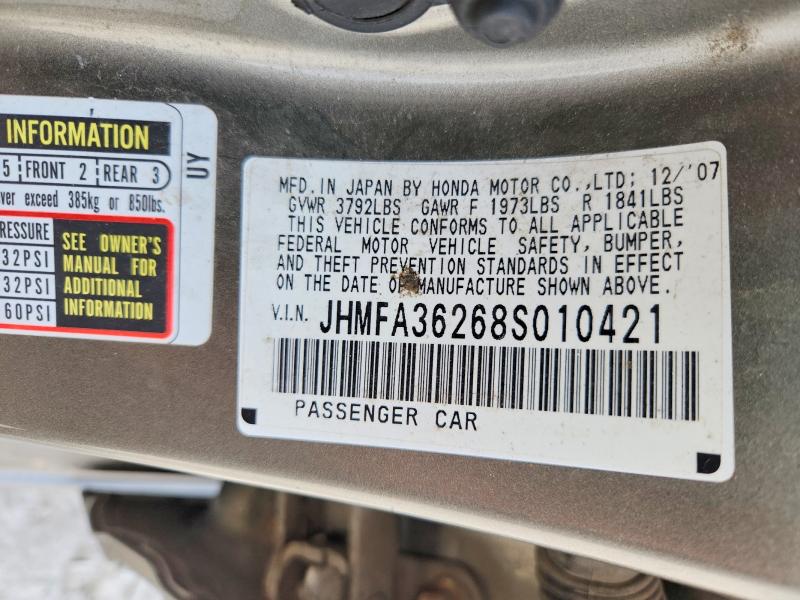 54472066 :رقم المزاد ، JHMFA36268S010421 vin ، 2008 Honda Civic مزاد بيع